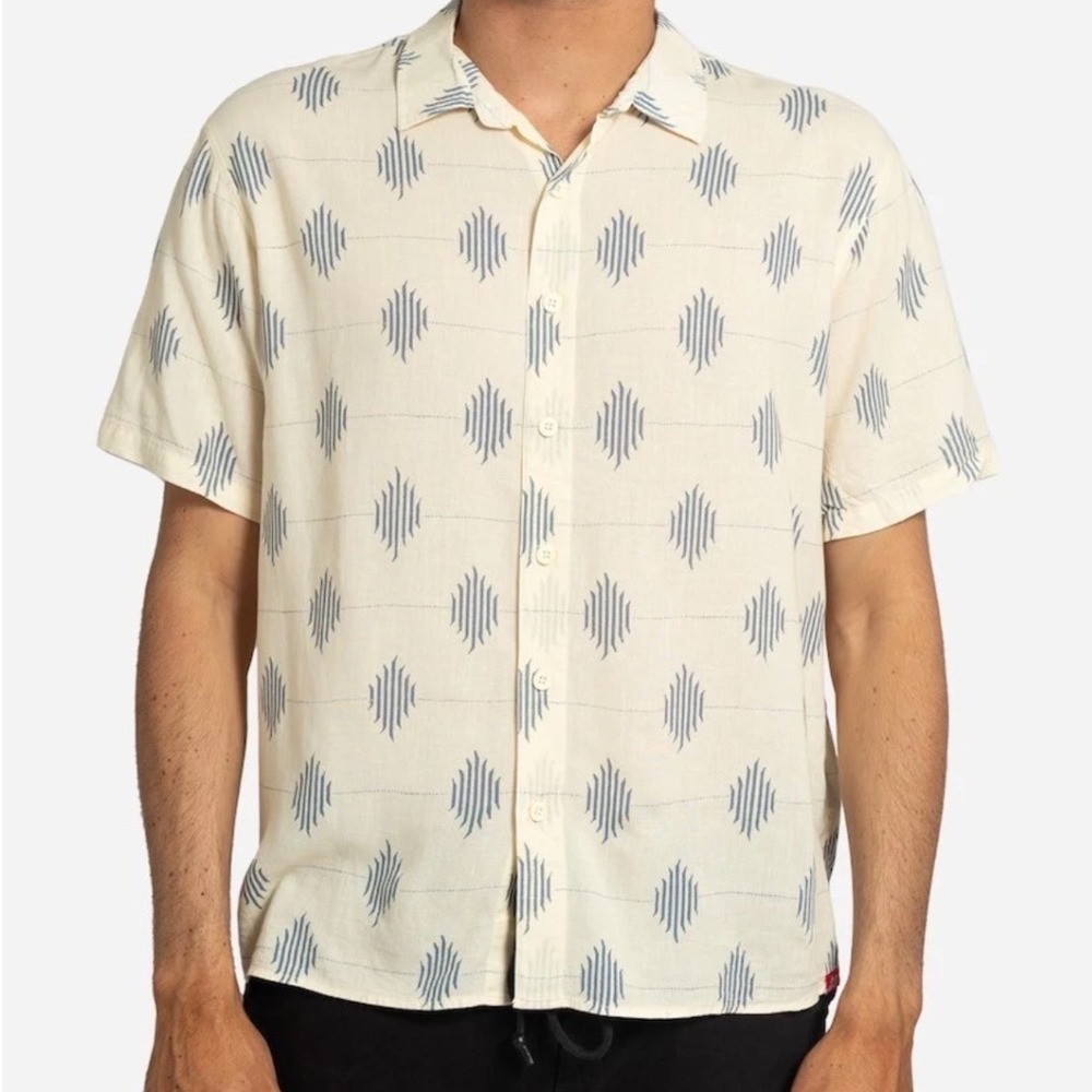 Lost Sumatra Woven Shirt Mens XXL Ivory Blue Ikat Linen Blend Short Sleeve NEW